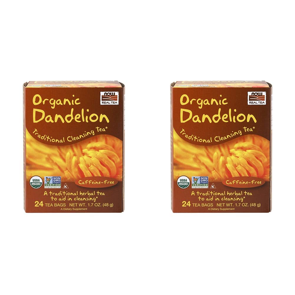 NOW Foods, Certified Organic Dandelion Traditional Cleansing Herbal Tea, Caffeine-Free, Non-GMO, Premium Unbleached Tea Bags with No-Staples Design, 24-Count (Pack of 2)