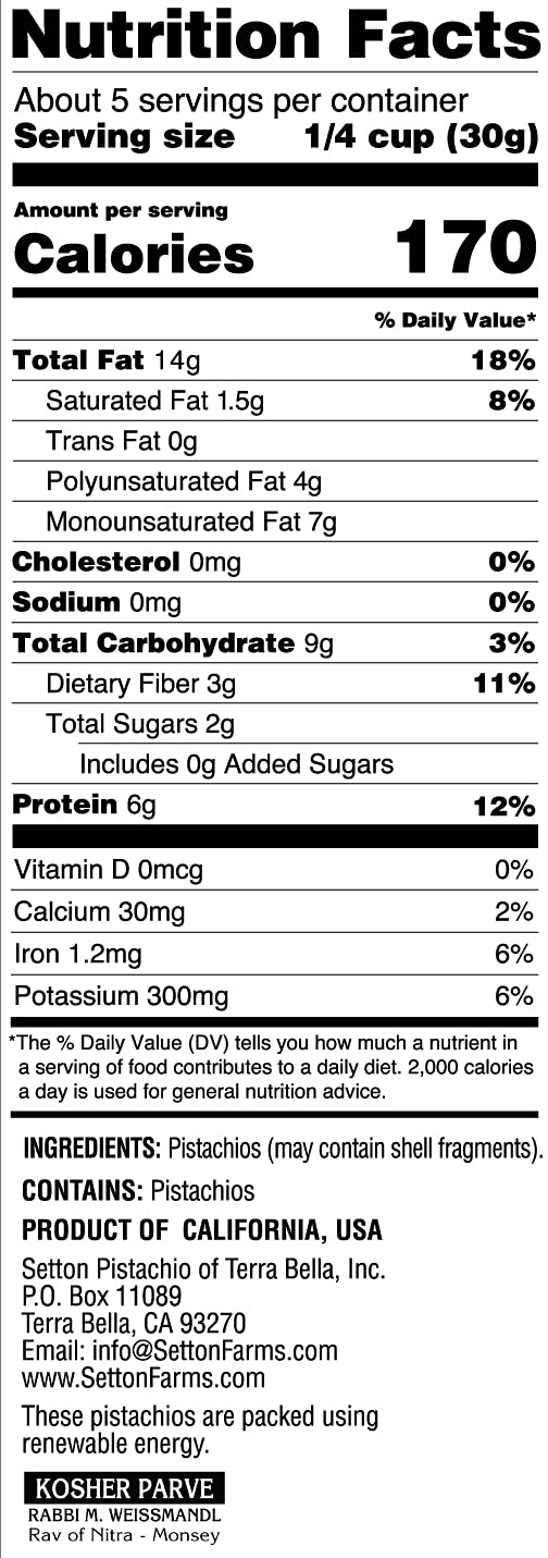 Setton Farms Naturally Raw Shelled Pistachios, No Shell, Non-GMO Project Verified, Certified Gluten Free, Vegan and Kosher, Heart Healthy Snack, 5 Oz