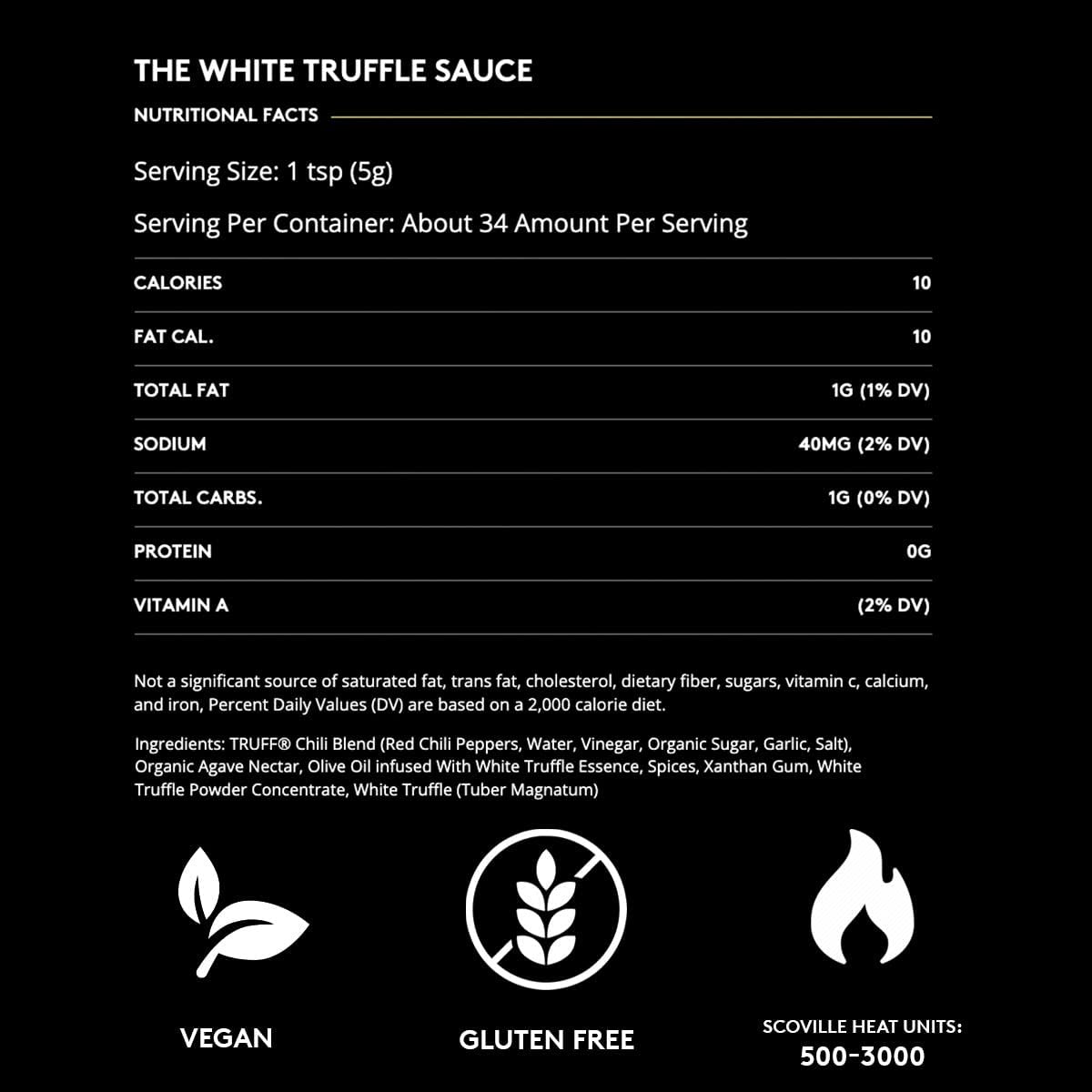 TRUFF White Truffle Hot Sauce, Gourmet Hot Sauce with Ripe Chili Peppers, Organic Agave Nectar, White Truffle Oil and Coriander, a Limited Flavor Experience in a Bottle, 6 oz.