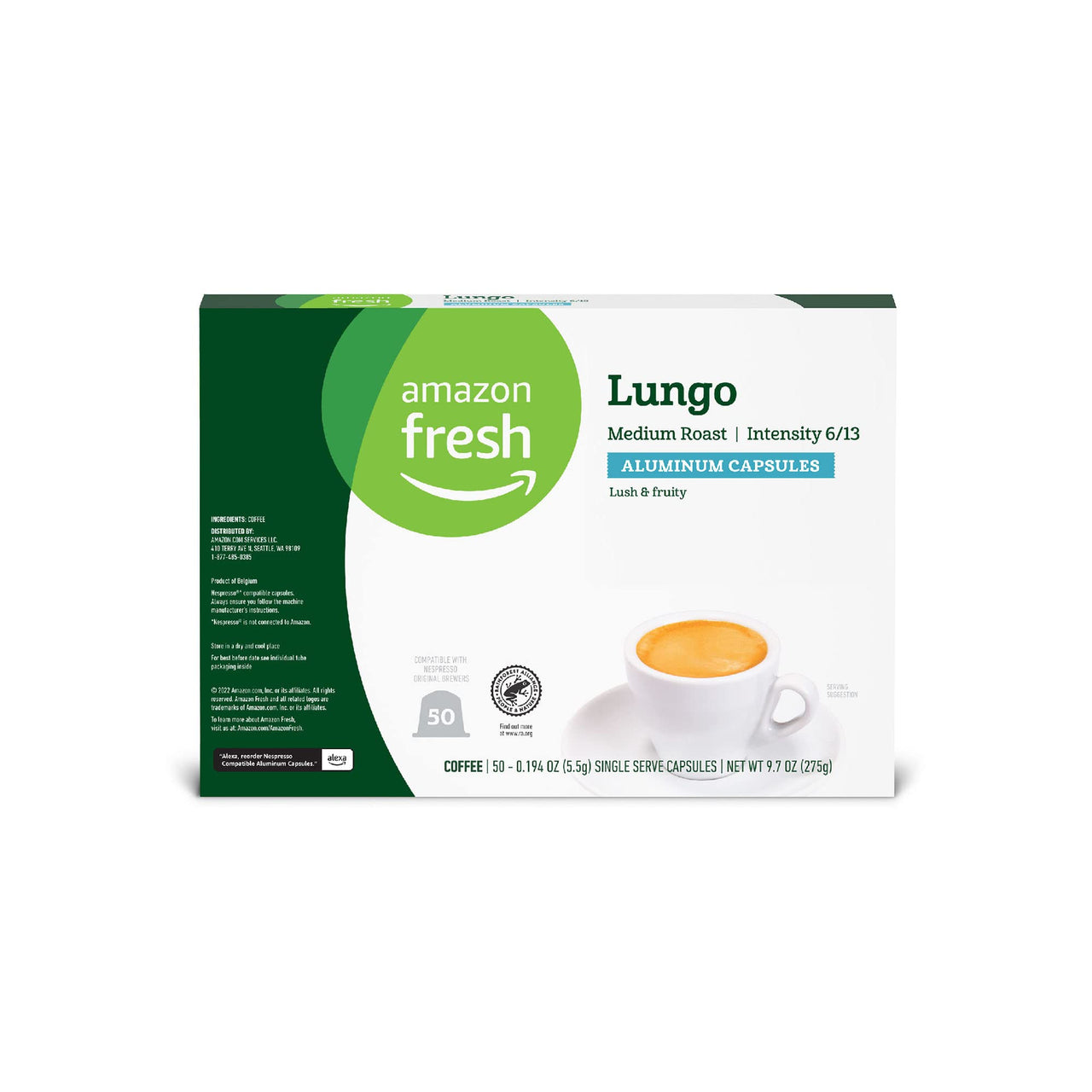 Fresh Lungo Medium Roast Aluminum Capsules, Compatible with Nespresso Original Brewers, Intensity 6/13, 50 Count (5 Packs of 10)