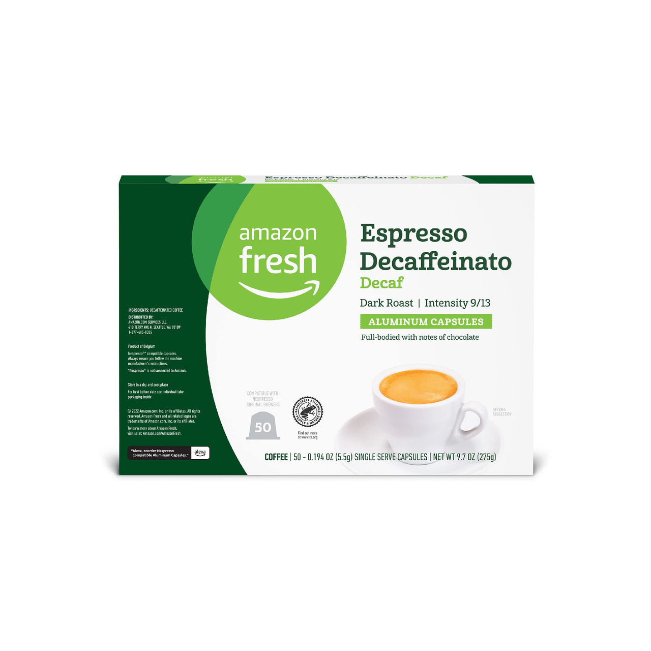 Fresh Espresso Decaffeinato Dark Roast Aluminum Capsules, Compatible with Nespresso Original Brewers, Intensity 9/13, 50 Count (5 Packs of 10)