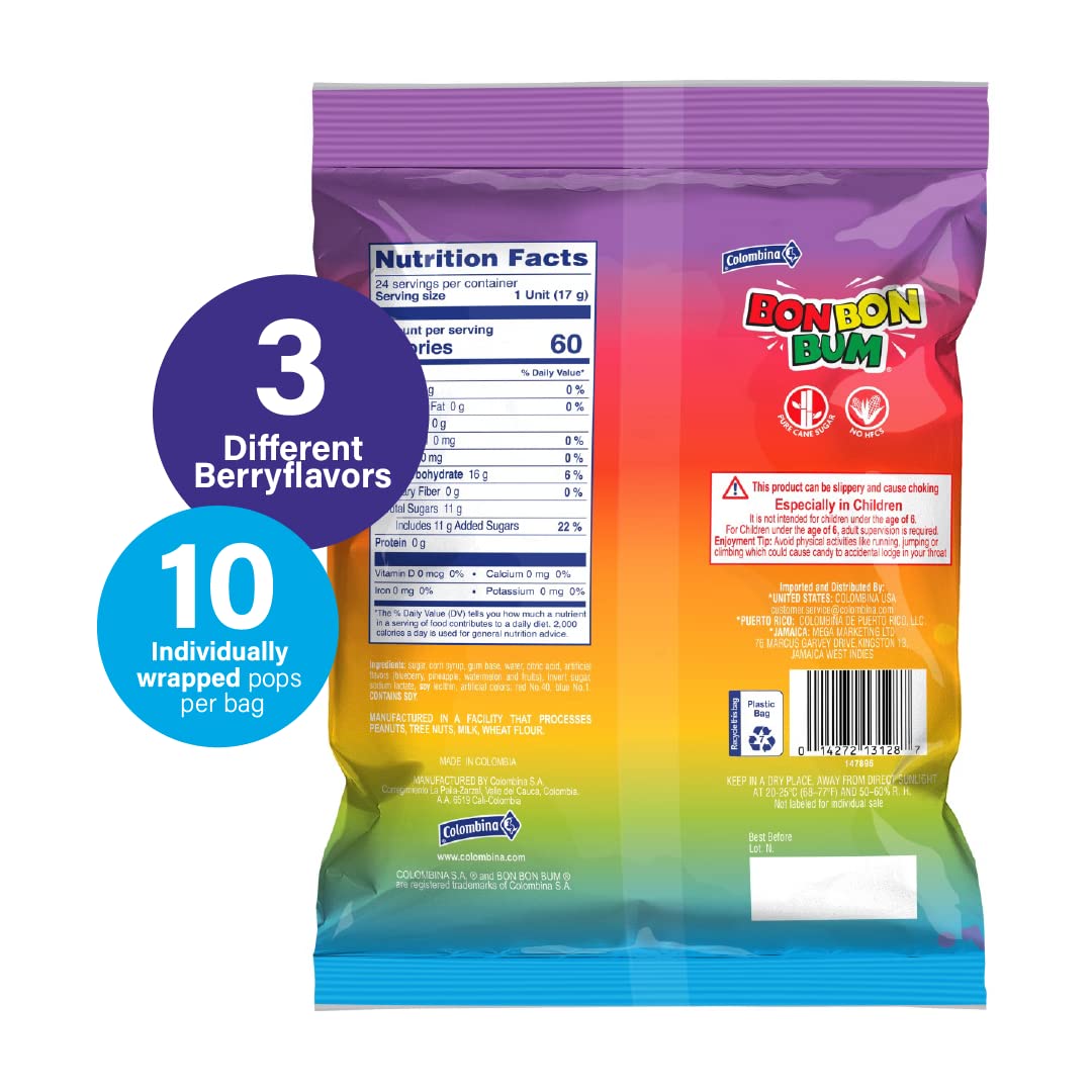 Colombina Bon Bon Bum Lollipops w/Bubble Gum Center - Assorted Mystery Flavor Candy Pack, Blueberry, Pineapple and Watermelon Flavors, Individually Wrapped Gluten Free Suckers 14 oz bag, (24 count)