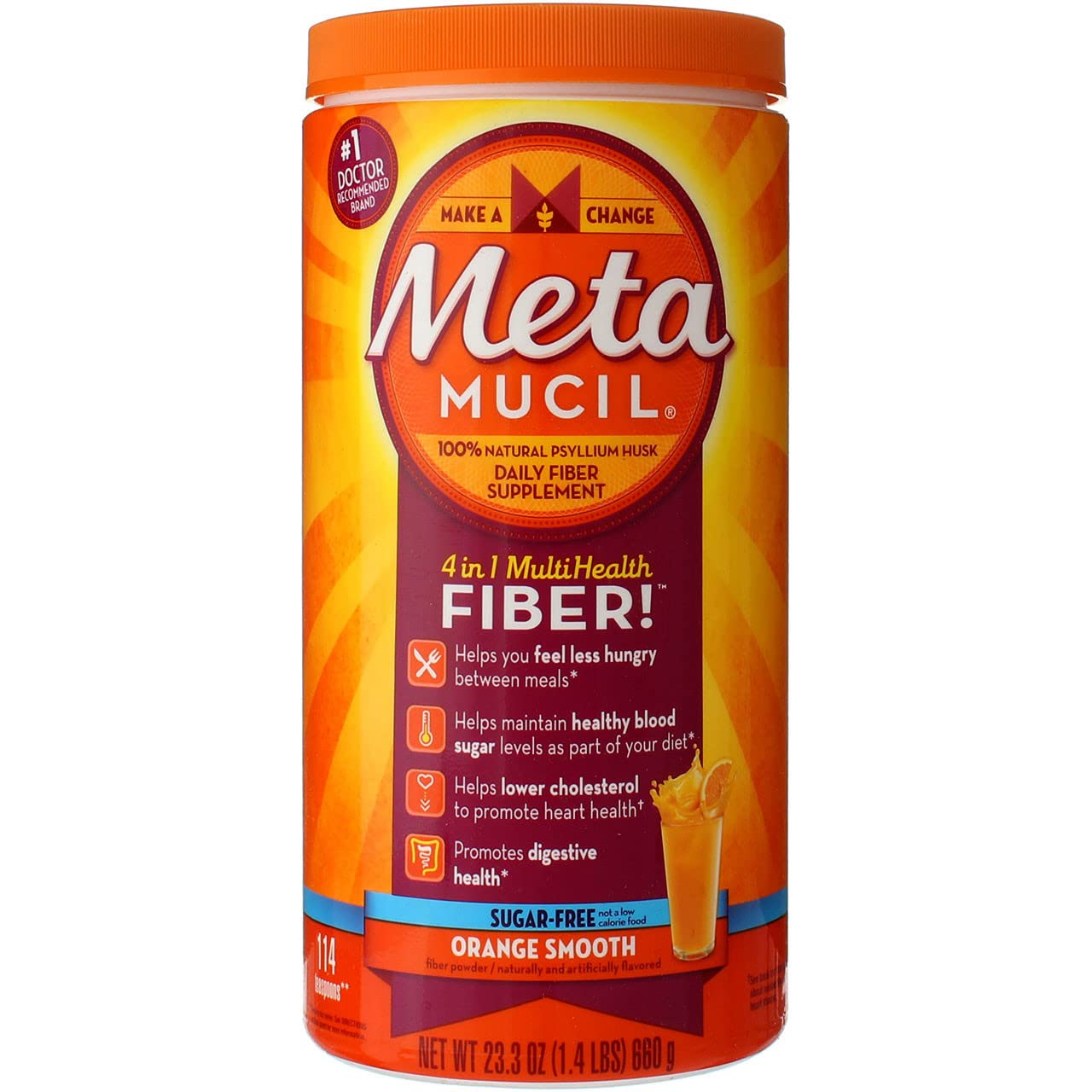 Metamucil Daily Fiber Supplement, Psyllium Husk Fiber Powder, Sugar Free, Orange, 114 Ct