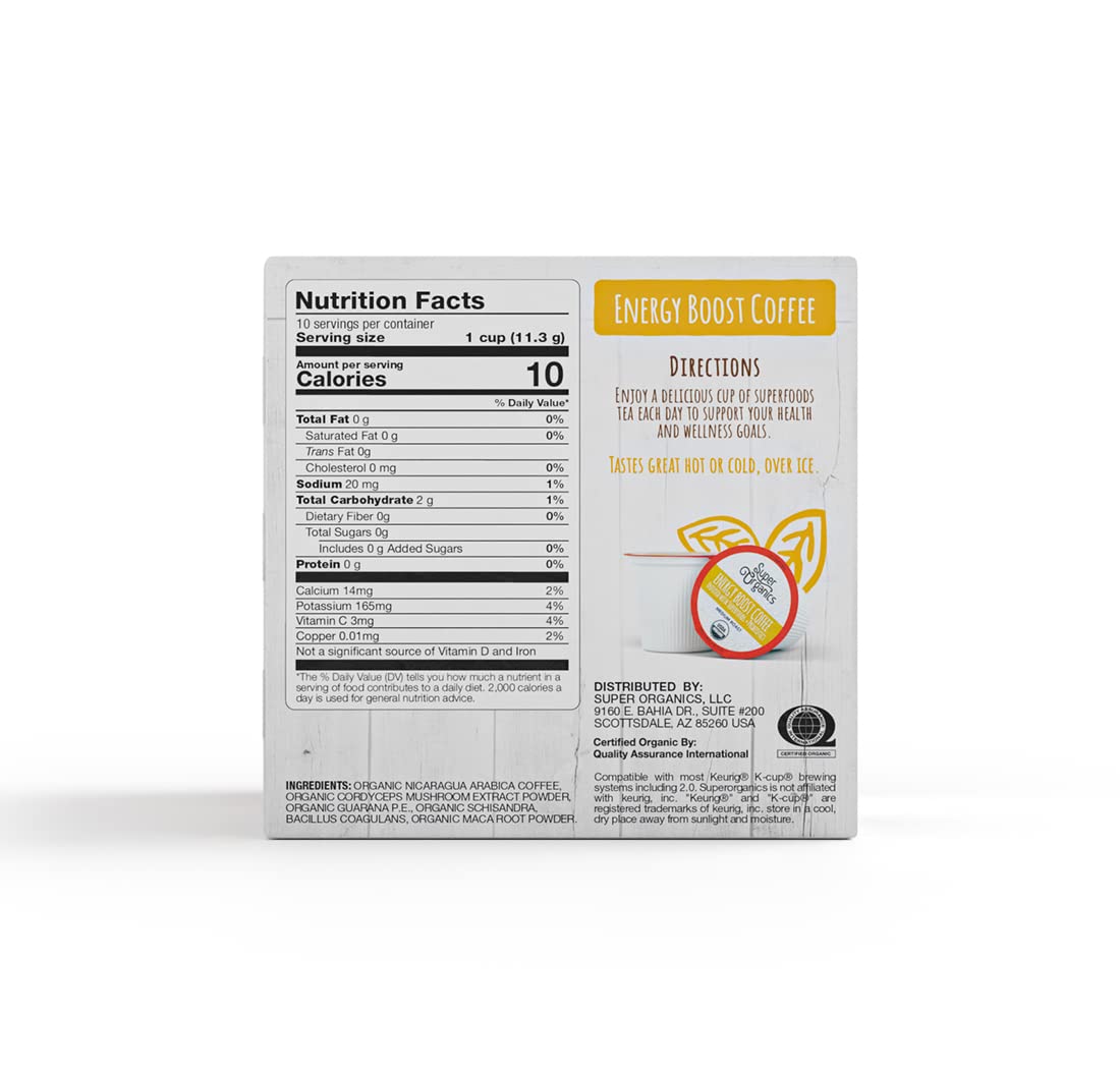 Super Organics Energy Boost Coffee Brew Cups with Superfoods & Probiotics Keurig K-Cup Compatible Energizing, Stamina Medium Roast, USDA Certified Organic, Vegan, Non-GMO, 10ct