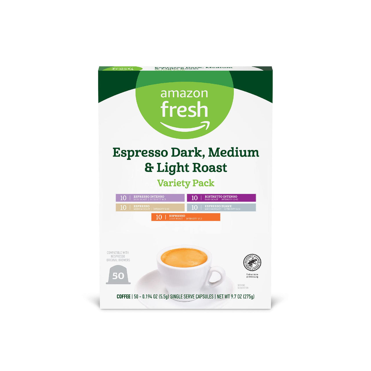 Fresh Espresso Dark, Medium & Light Roast Aluminum Capsules, Variety Pack, Compatible with Nespresso Original Brewers, 50 Count (5 Packs of 10)