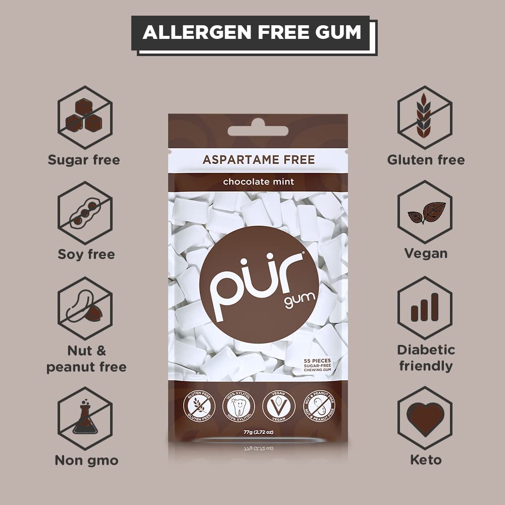 PUR Gum | Sugar Free Chewing Gum | 100% Xylitol | Vegan, Aspartame Free, Gluten Free & Keto Friendly | Natural Chocolate Mint Flavored Gum, 55 Pieces (Pack of 3)