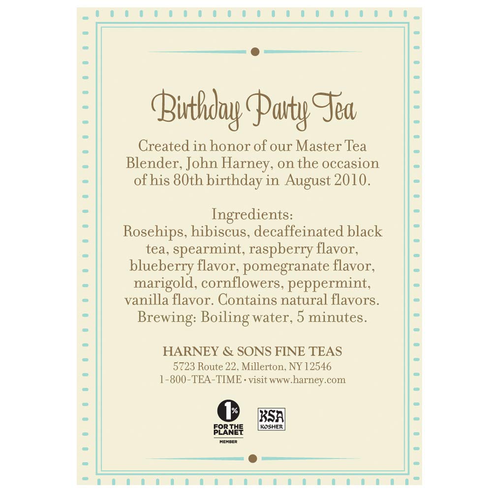 Harney & Sons Birthday Party Tea, Decaf, Sachets Decaffeinated 30 Count