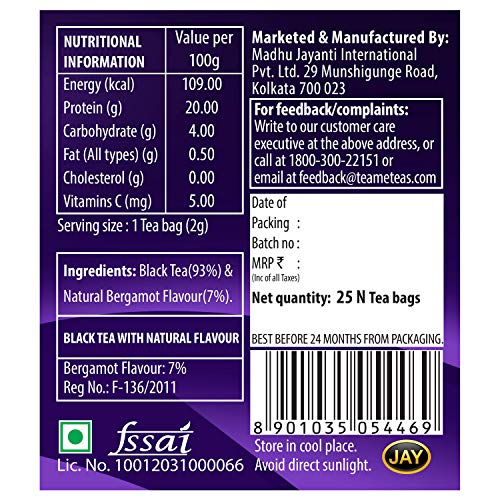 TE-A-ME Inspire Black Citrus Earl Grey Tea, 25 Tea Bags | Natural Bergamot Flavor | Luxurious Tea Bags | Strong & Highly Flavourful