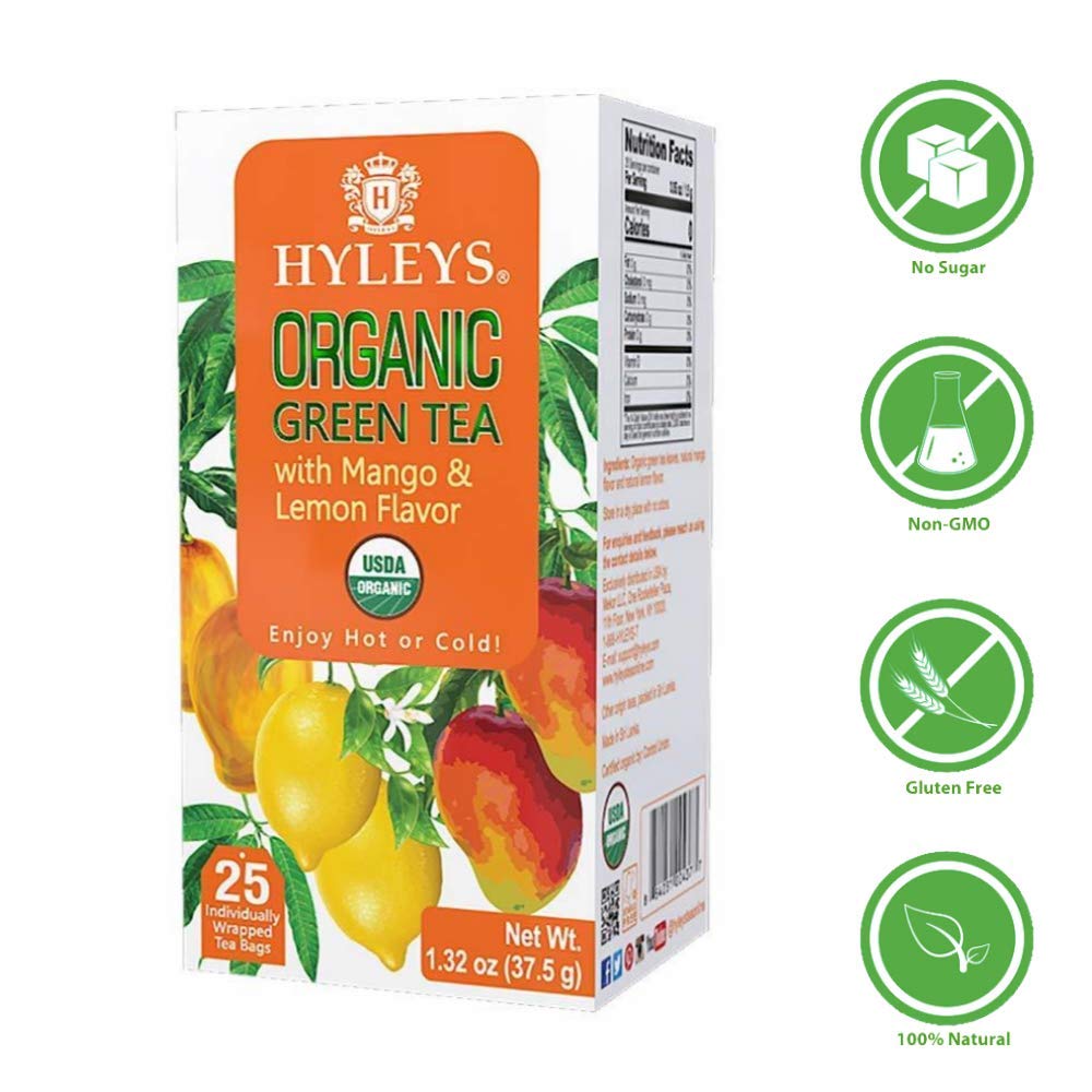 Hyleys Organic Green Tea Mango & Lemon Flavor - 25 Tea Bags (100% Natural, Sugar Free, Gluten Free and Non-GMO)