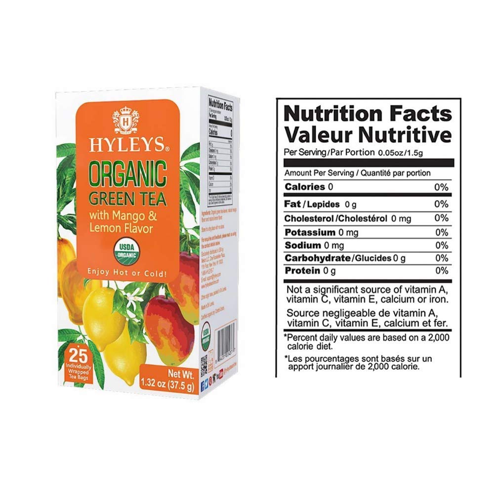 Hyleys Organic Green Tea Mango & Lemon Flavor - 25 Tea Bags (100% Natural, Sugar Free, Gluten Free and Non-GMO)