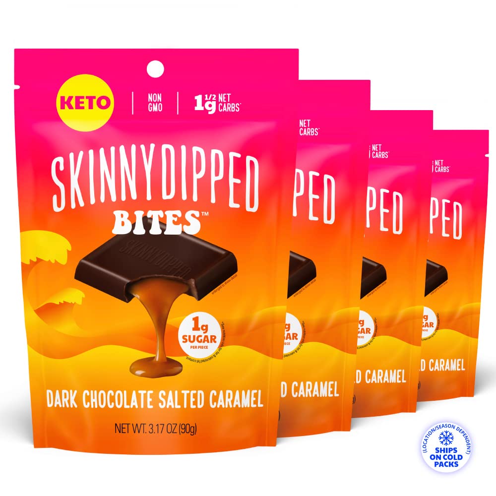 SkinnyDipped Dark Chocolate Salted Caramel Bites, 1g Sugar per Piece, Keto Friendly, No Palm Oil, Gluten Free, 4 Pack