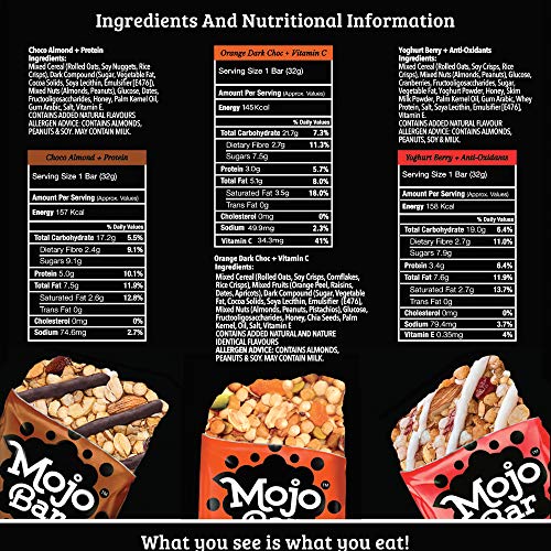 Mojo Bar Choco Almond, Yoghurt Berry & Orange Dark Chocolate Snack Bars, 32 Gm (Pack of 6)