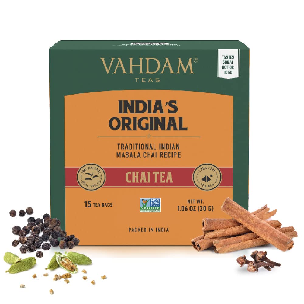 VAHDAM, Organic India's  Original Masala Chai Tea Bags (15 Pyramid Tea Bags) No added flavoring | USDA Organic- Black Tea, Cardamom, Cinnamon, Black Pepper & Clove | Premium Eco-Conscious Tea Bags