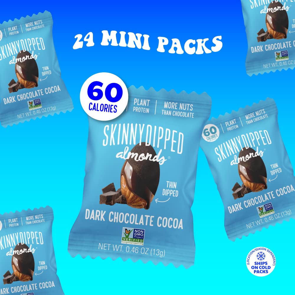 SkinnyDipped Dark Chocolate Cocoa Almonds, Healthy Snack, Plant Protein, Gluten Free, 0.46 oz Mini Bags, Pack of 24