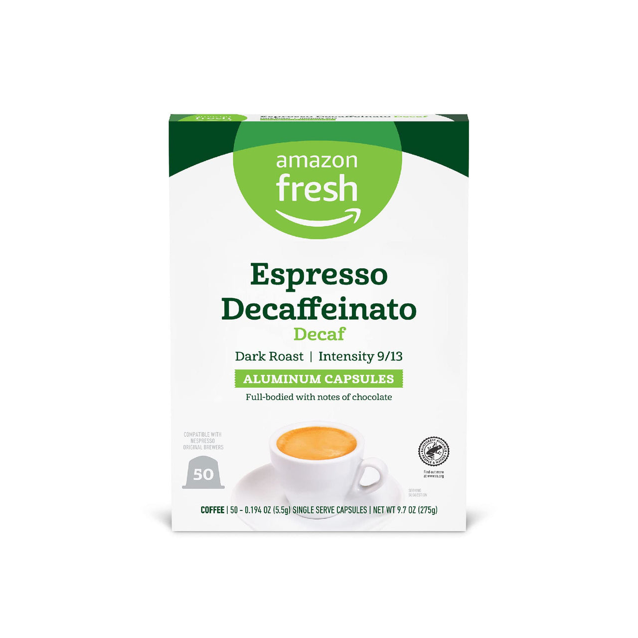 Fresh Espresso Decaffeinato Dark Roast Aluminum Capsules, Compatible with Nespresso Original Brewers, Intensity 9/13, 50 Count (5 Packs of 10)