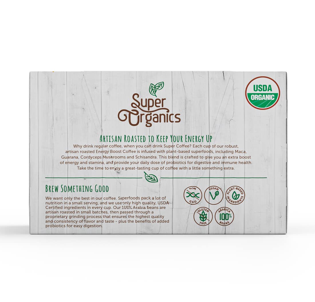 Super Organics Energy Boost Coffee Brew Cups with Superfoods & Probiotics Keurig K-Cup Compatible Energizing, Stamina Medium Roast, USDA Certified Organic, Vegan, Non-GMO, 10ct