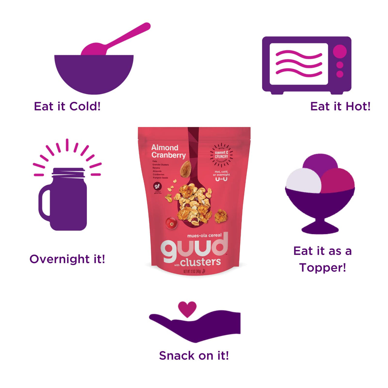 GUUD Almond Cranberry Muesola Cereal, 12 Ounce, Slightly Sweet Muesli, Gluten Free, Oats, Granola Clusters, Raisins, Almonds, Cranberries, Pumpkin Seeds, Vegan, Non-GMO Certified, Kosher