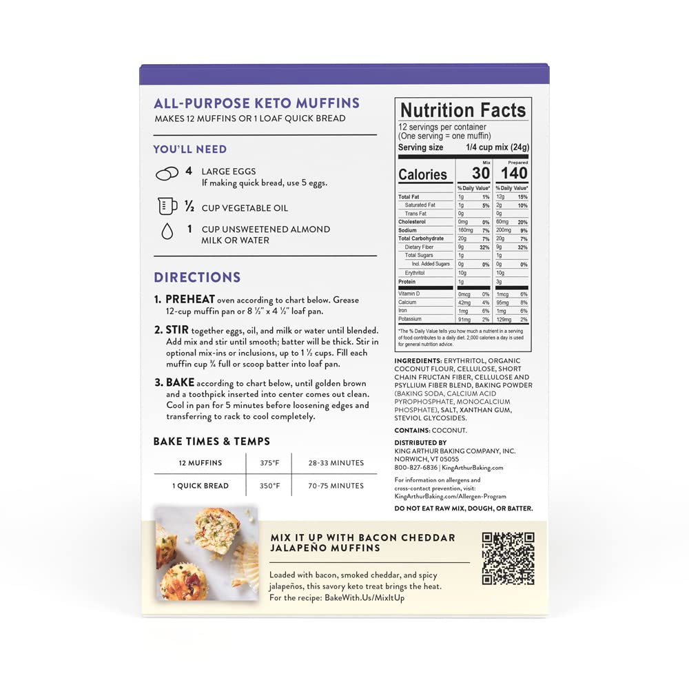 King Arthur Baking Keto Muffin Mix, All Purpose, 1g Net Carbs 0g Added Sugar Per Serving, Low Carb & Keto Friendly, 10 oz, White