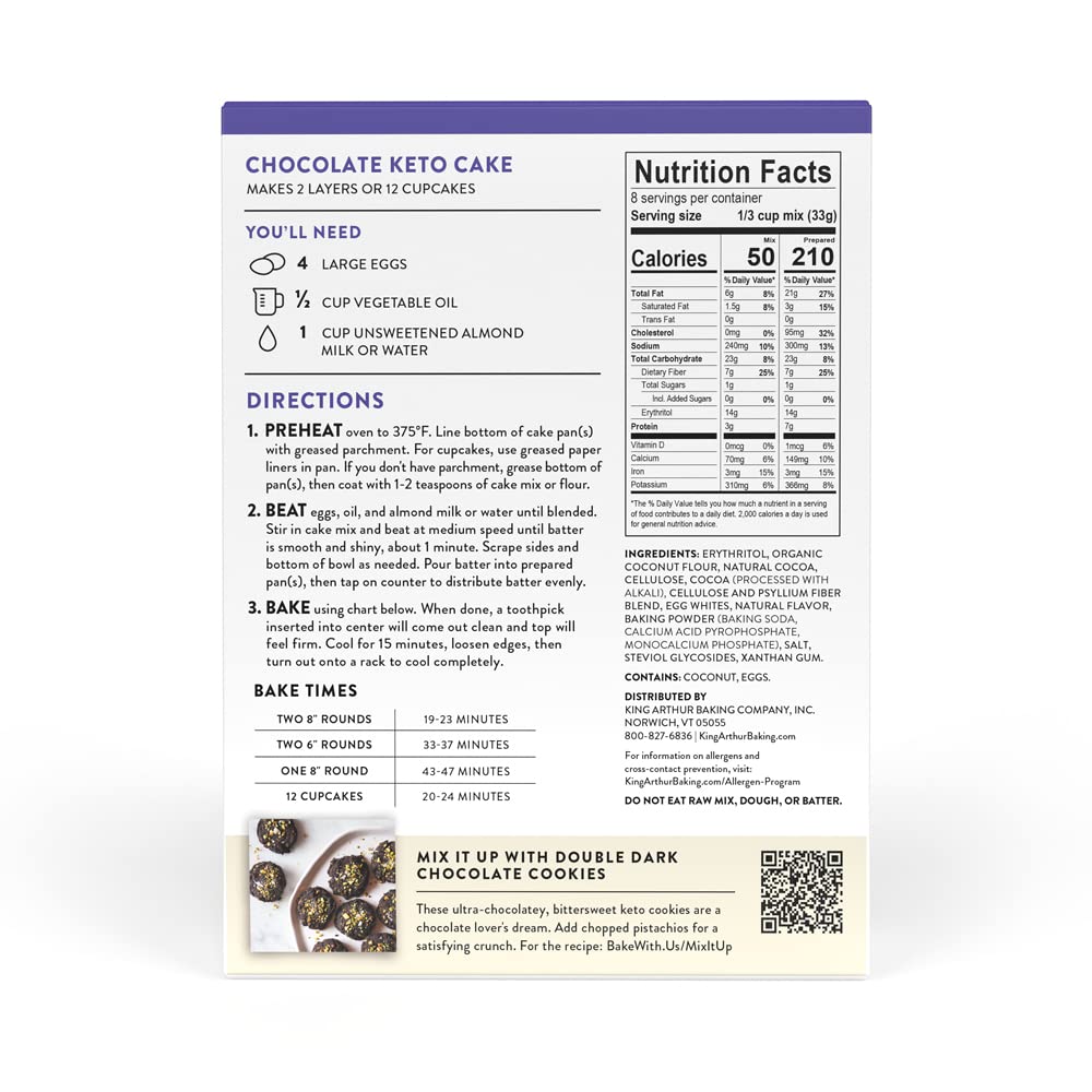King Arthur Baking Keto Cake Mix, Chocolate, 2g Net Carbs 0g Added Sugar Per Serving, Low Carb & Keto Friendly, 9.25oz, White