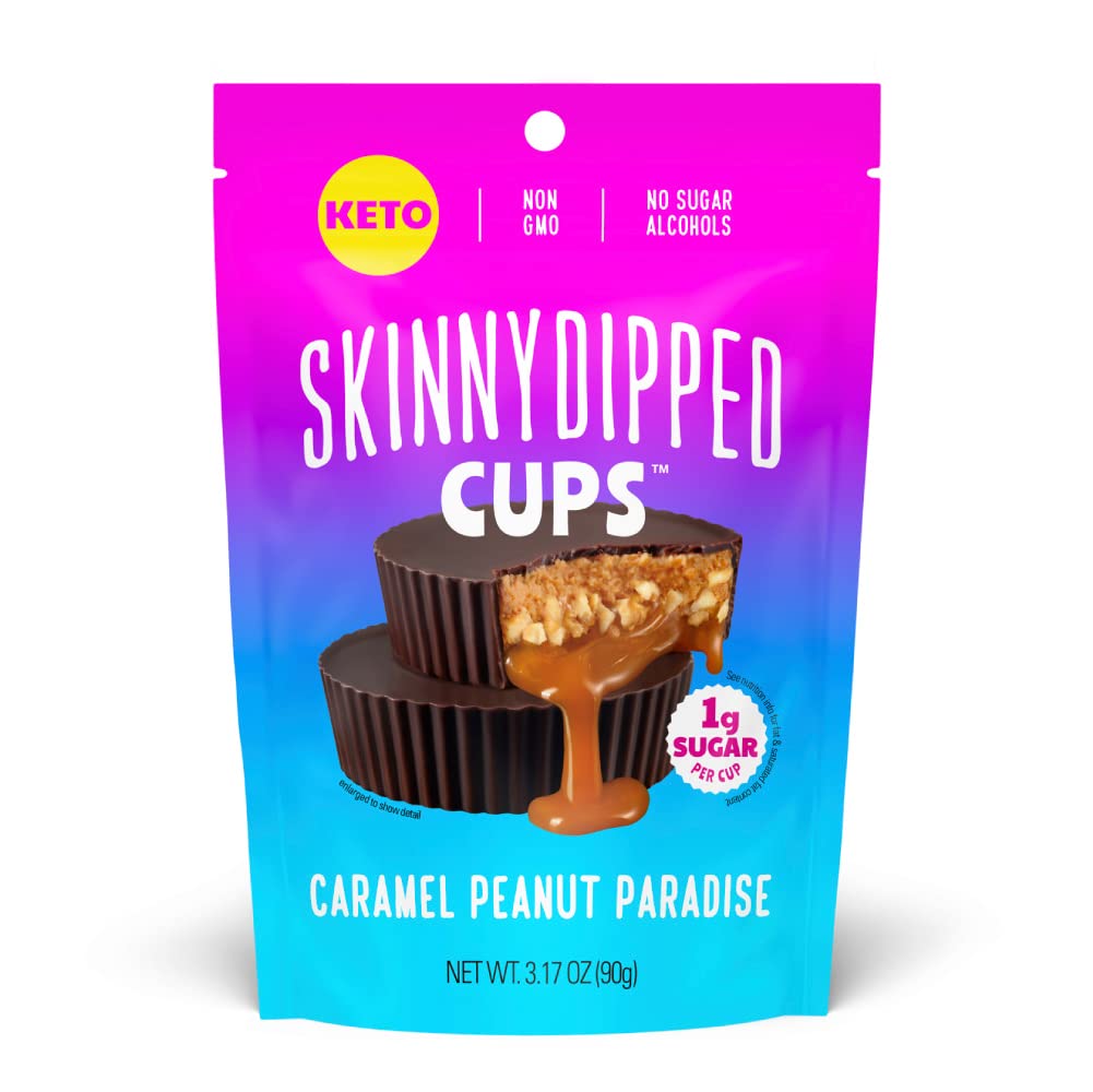 SkinnyDipped Caramel Peanut Paradise Cups, 1g Sugar per Cup, Keto Friendly, No Palm Oil, Gluten Free, 3.2oz Resealable Bags, 6 Count (Pack of 4)
