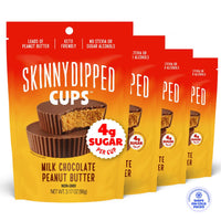 SkinnyDipped Milk Chocolate Peanut Butter Cups, 4g Sugar, Low Sugar, No Palm Oil, Gluten Free, 3.2oz Bag, 4 Pack (24 Cups Total)