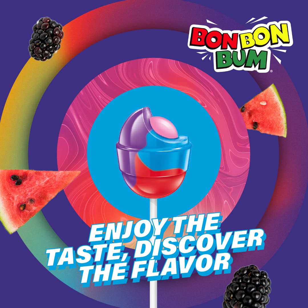 Colombina Bon Bon Bum Lollipops w/Bubble Gum Center - Assorted Mystery Flavor Candy Pack, Blueberry, Pineapple and Watermelon Flavors, Individually Wrapped Gluten Free Suckers 14 oz bag, (24 count)