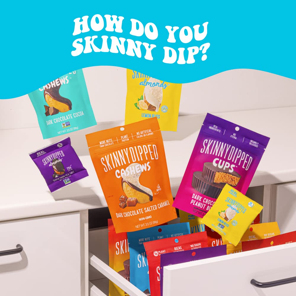 SkinnyDipped Dark Chocolate Cocoa Almonds, Healthy Snack, Plant Protein, Gluten Free, 0.46 oz Mini Bags, Pack of 24