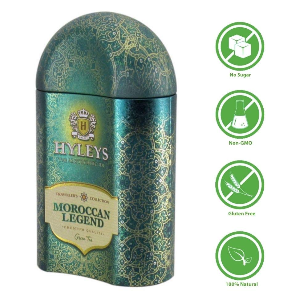 Hyleys Traveller's  Collection Moroccan Legend Loose Leaf Green Tea with Mint Rose and Blue Corn Flowers in Tin, 3.52 Ounce - (100% Natural, Sugar Free, Gluten Free and Non-GMO)