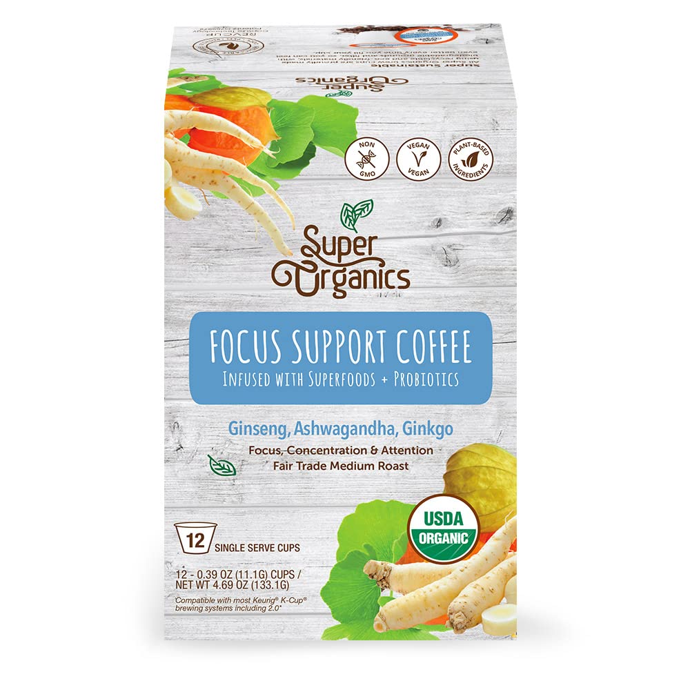 Super Organics Focus Support Coffee Brew Cups With Superfoods & Probiotics, Keurig K-Cup Compatible, Adaptogens, Medium Roast, USDA Certified, Vegan, Non-GMO, 12 Count