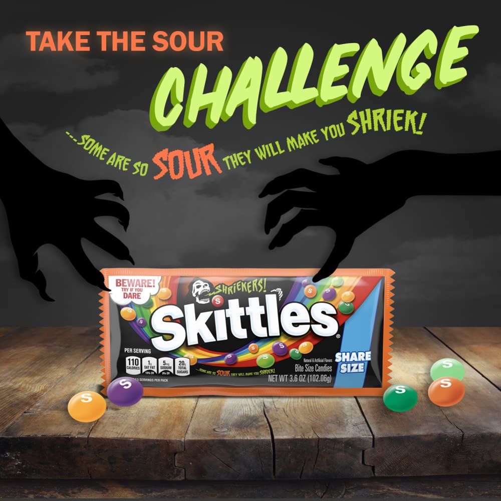 SKITTLES Shriekers Sour Chewy Halloween Candy Share Size Bag, 3.6oz