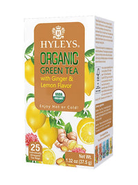 Hyleys Organic Ginger and Lemon Flavor Green Tea - 25 Tea Bags (100% Natural, Sugar Free, Gluten Free and Non-GMO)