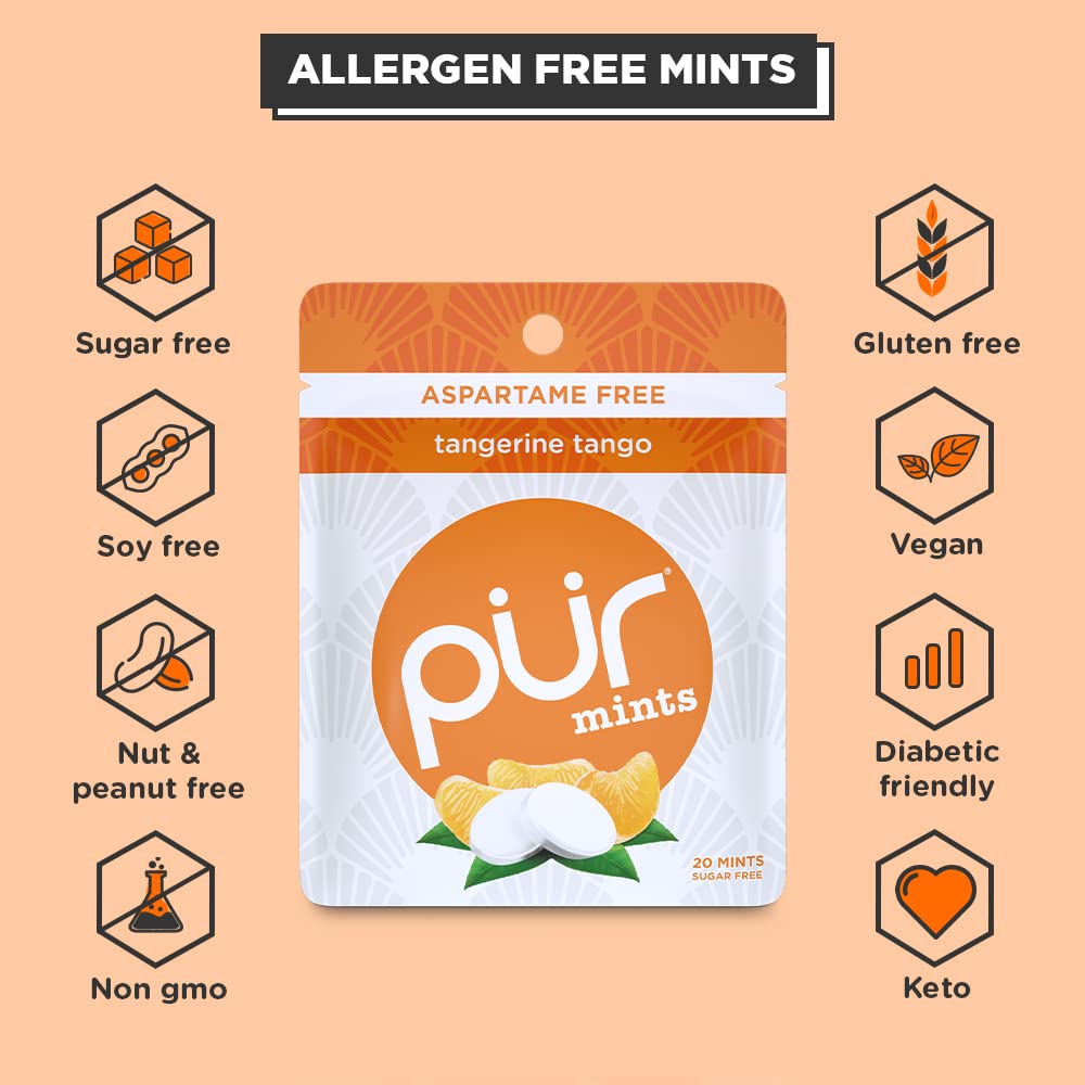 PUR Mints | Sugar Free Mints | 100% Xylitol | Vegan, Aspartame Free, Gluten Free & Keto Friendly | Natural Tangerine Tango Flavored Mints, 20 Pieces (Pack of 3)