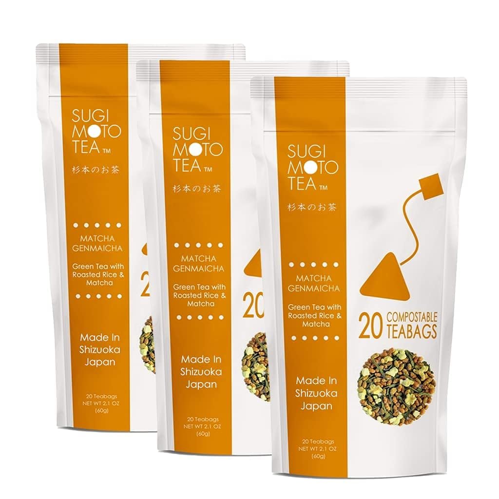 [Sugimoto Tea] Authentic Japanese Matcha Genmaicha from Shizuoka, Japan - Sencha Green Tea with Roasted Rice & Matcha Blend, Compostable Pyramid Tea Bags, (20 Teabags x 3 Packs)