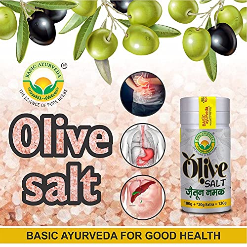 BASIC AYURVEDA Olive Salt (Jaitun Ka Namak Zaitoon) 120g | Certified Organic 100% Natural & Pure Herbs | Ayurvedic Supplements For Liver & Digestive Health | One Solution To Many Health Problems | No Added chemicals Or Preservatives