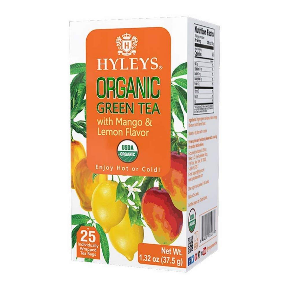 Hyleys Organic Green Tea Mango & Lemon Flavor - 25 Tea Bags (100% Natural, Sugar Free, Gluten Free and Non-GMO)