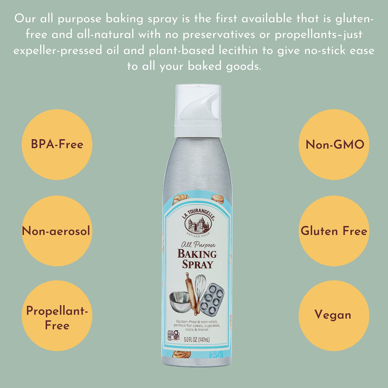 La Tourangelle, All Purpose Baking Spray, Gluten-Free, Non-Stick, Chemical Free and Propellant Free, Expeller-Pressed Cooking and Baking Spray Oil, 5 fl oz