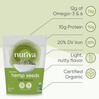 Nutiva Organic Raw Shelled Hemp Seed, USDA, Non-GMO, Non-BPA, Whole 30 Approved, Vegan, Gluten-Free & Keto, 10g Protein and 12g Omegas per Serving for Salads, Smoothies & More, Nutty flavor, 8 Ounce