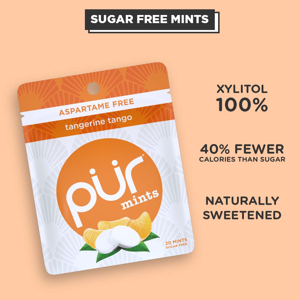 PUR Mints | Sugar Free Mints | 100% Xylitol | Vegan, Aspartame Free, Gluten Free & Keto Friendly | Natural Tangerine Tango Flavored Mints, 20 Pieces (Pack of 3)