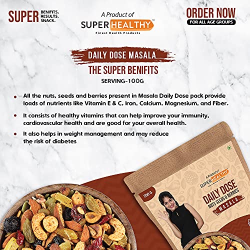 SuperHealthy Daily Dose Mixed Nuts, Seeds and Berries- Organic Trail Mix | Dry Fruit Nutmix | 20+ Varieties like Almonds, Cashews, Cranberries, Pumpkin Seed (Masala - 200g)