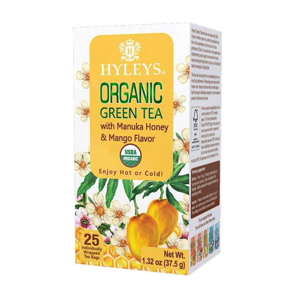 Hyleys Organic Green Tea with Manuka Honey & Mango Flavor - 25 Tea Bags (100% Natural, Sugar Free, Gluten Free and Non-GMO)