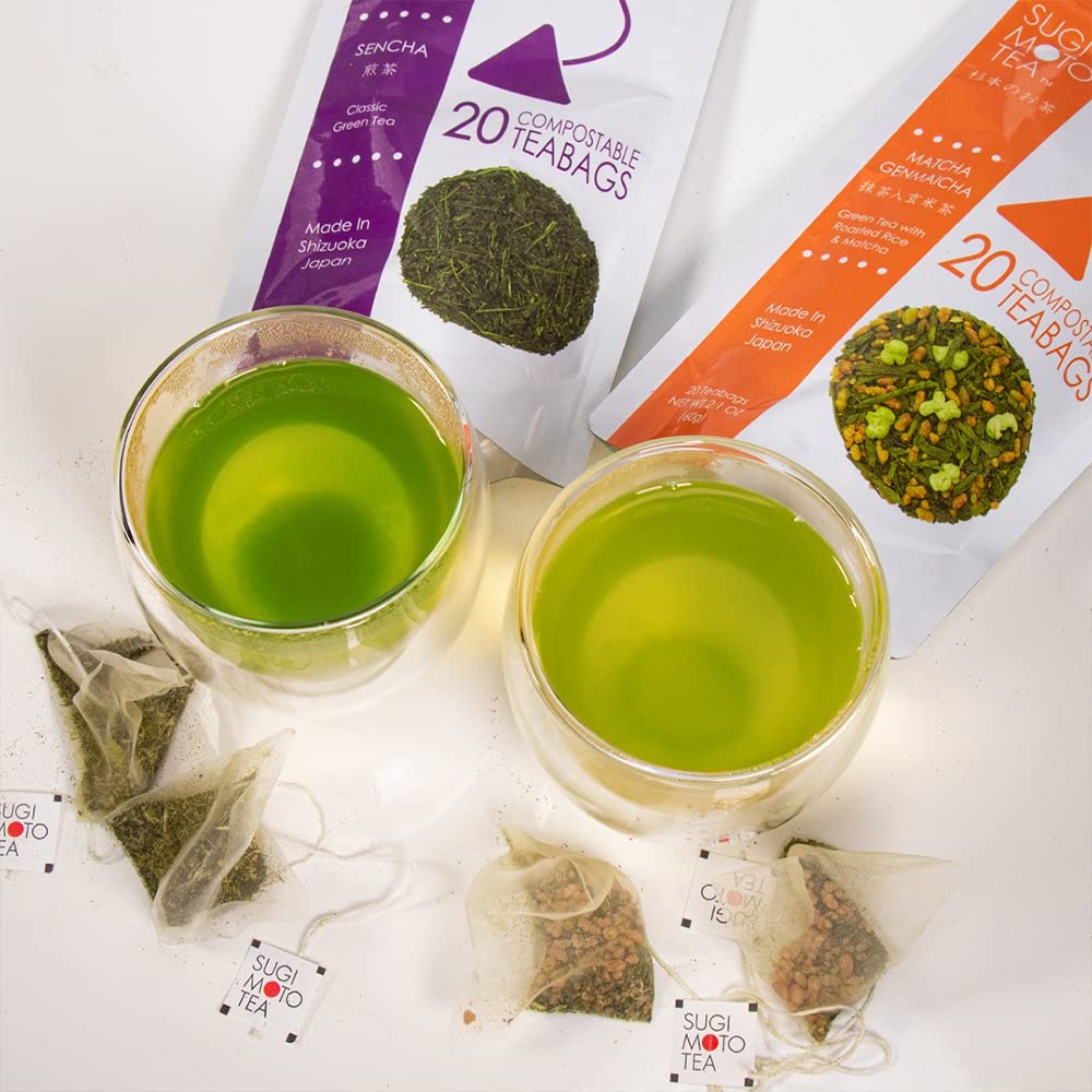 [Sugimoto Tea] Authentic Japanese Matcha Genmaicha from Shizuoka, Japan - Sencha Green Tea with Roasted Rice & Matcha Blend, Compostable Pyramid Tea Bags, (20 Teabags x 3 Packs)