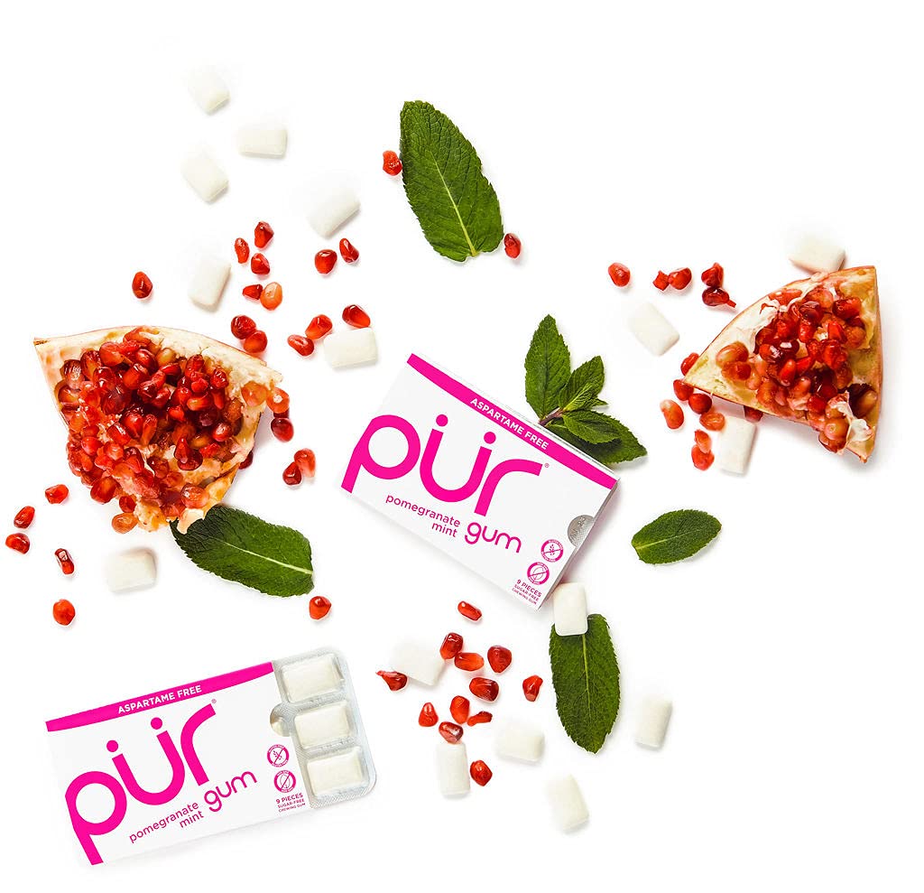 PUR Gum | Sugar Free Chewing Gum | 100% Xylitol | Vegan, Aspartame Free, Gluten Free & Keto Friendly | Natural Pomegranate Mint Flavored Gum, 9 Pieces (Pack of 12)