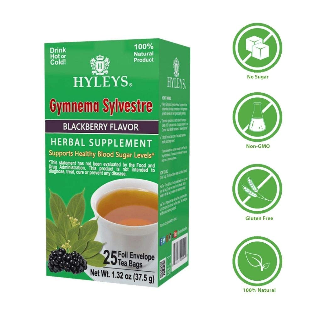 Hyleys Natural Wellness Gymnema Silvestre Green Tea With Blackberry Flavor - 25 Tea Bags (100% Natural, Sugar Free, Gluten Free and Non-GMO) (Packaging May Vary)