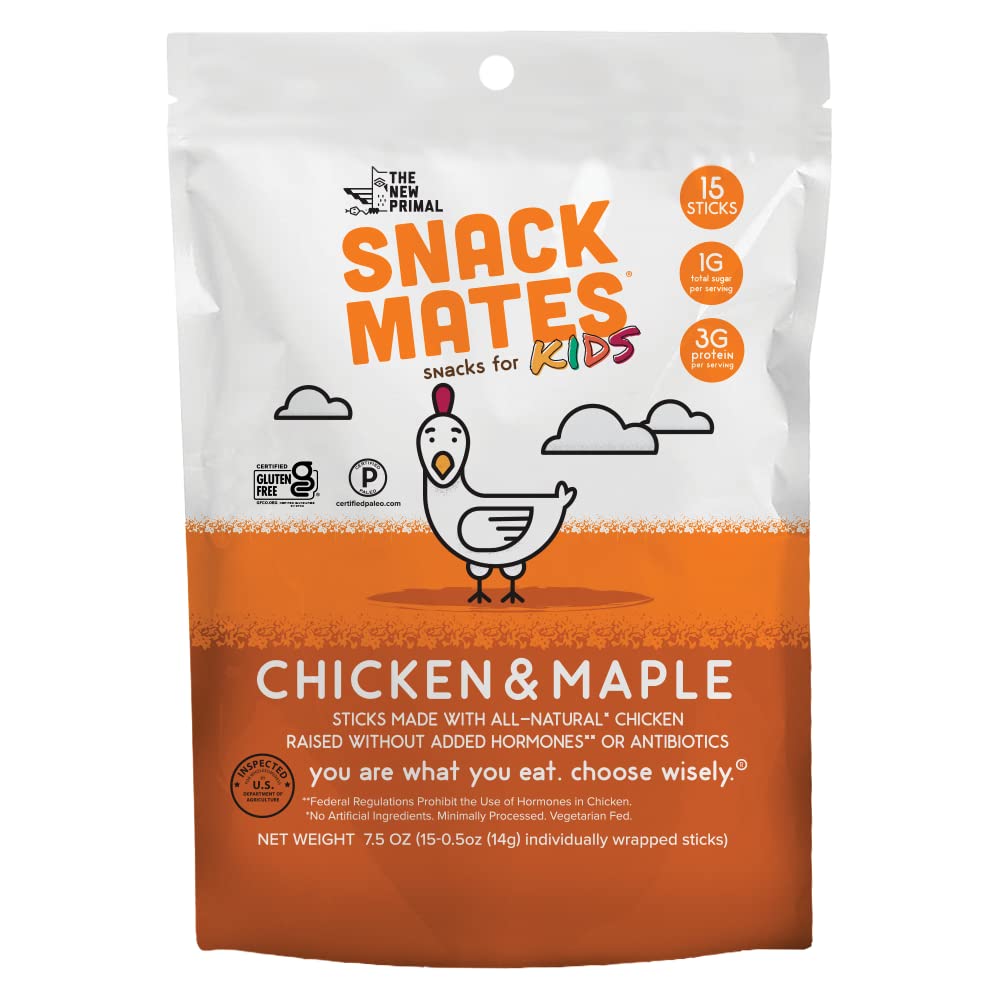 Snack Mates By The New Primal, Chicken And Maple Mini Sticks, All Natural Chicken, High Protein And Low Sugar Kids Snack, Certified Paleo, Certified Gluten Free, Lunchbox Friendly, 15 Sticks Per Bag