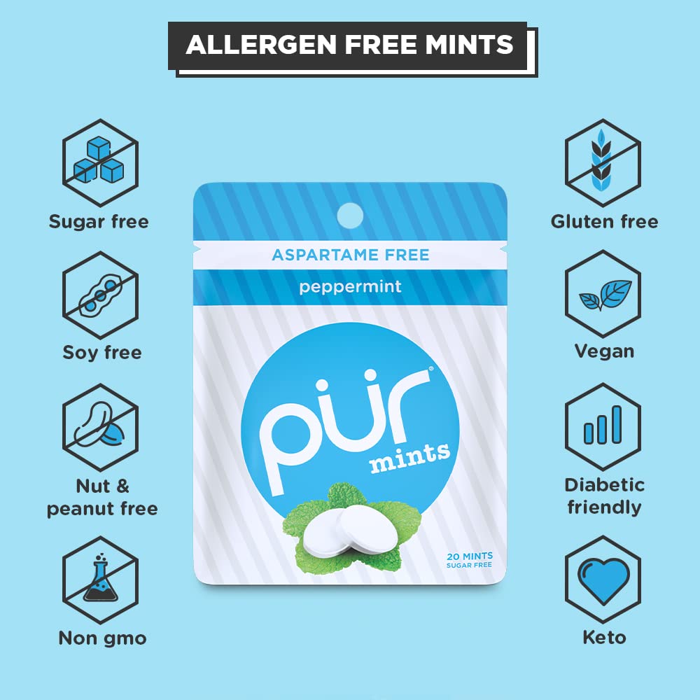 PUR Mints | Sugar Free Mints | 100% Xylitol | Vegan, Aspartame Free, Gluten Free & Keto Friendly | Natural Peppermint Flavored Mints, 20 Pieces (Pack of 12)