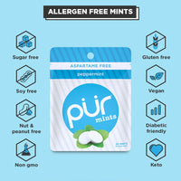 PUR Mints | Sugar Free Mints | 100% Xylitol | Vegan, Aspartame Free, Gluten Free & Keto Friendly | Natural Peppermint Flavored Mints, 20 Pieces (Pack of 12)