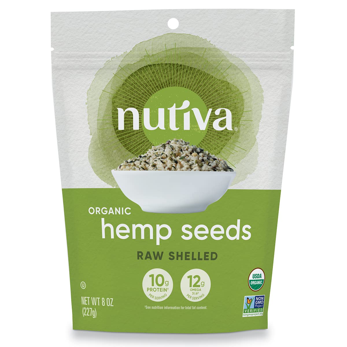 Nutiva Organic Raw Shelled Hemp Seed, USDA, Non-GMO, Non-BPA, Whole 30 Approved, Vegan, Gluten-Free & Keto, 10g Protein and 12g Omegas per Serving for Salads, Smoothies & More, Nutty flavor, 8 Ounce