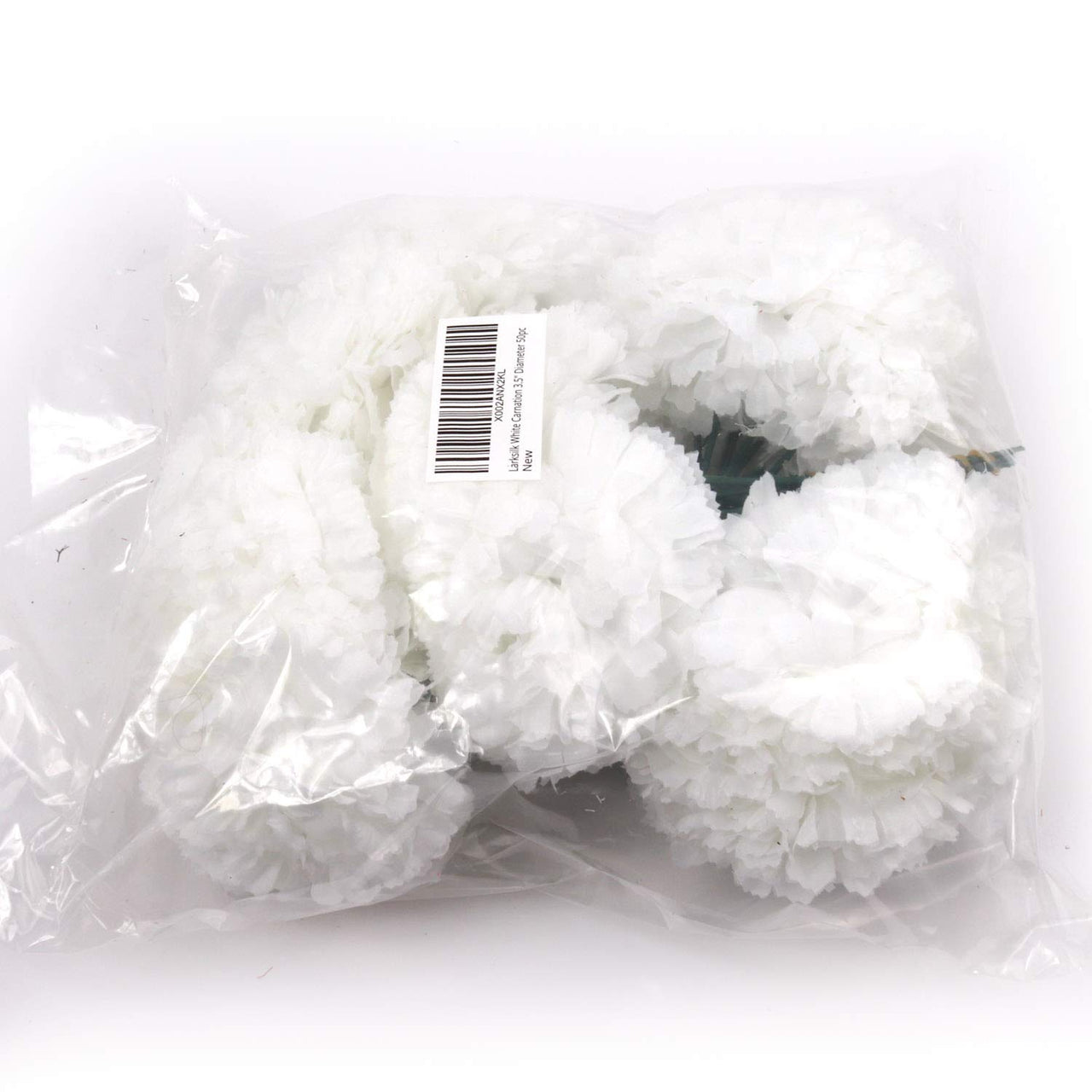 Larksilk 50 Count White Carnation Picks, 3.5" Carnation Heads, Detachable Flexible 5" Stems, Great for Wedding Work, Baby Showers & Bridesmaid Bouquets, Silk Artificial Flowers