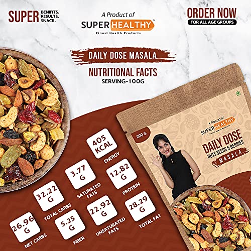 SuperHealthy Daily Dose Mixed Nuts, Seeds and Berries- Organic Trail Mix | Dry Fruit Nutmix | 20+ Varieties like Almonds, Cashews, Cranberries, Pumpkin Seed (Masala - 200g)