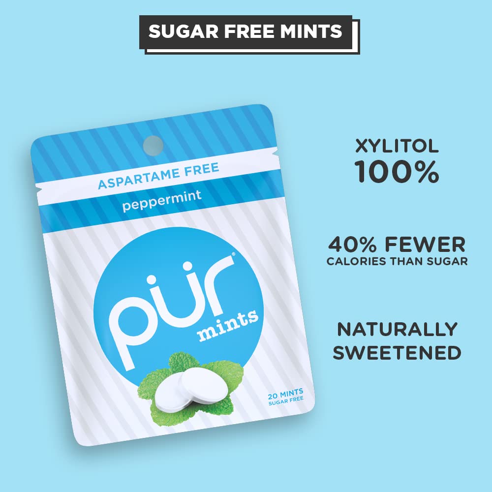 PUR Mints | Sugar Free Mints | 100% Xylitol | Vegan, Aspartame Free, Gluten Free & Keto Friendly | Natural Peppermint Flavored Mints, 20 Pieces (Pack of 12)